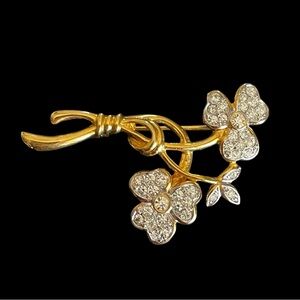 Vintage Gold Plated Floral Bouquet Brooch With Clear Pave Set Crystals
